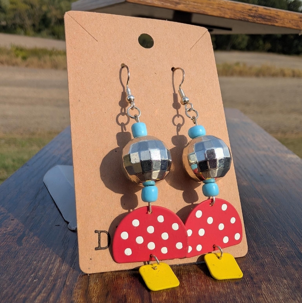 Groovy Disco Ball Polka Dot Mushroom Earrings W/ Sterling French Hooks
